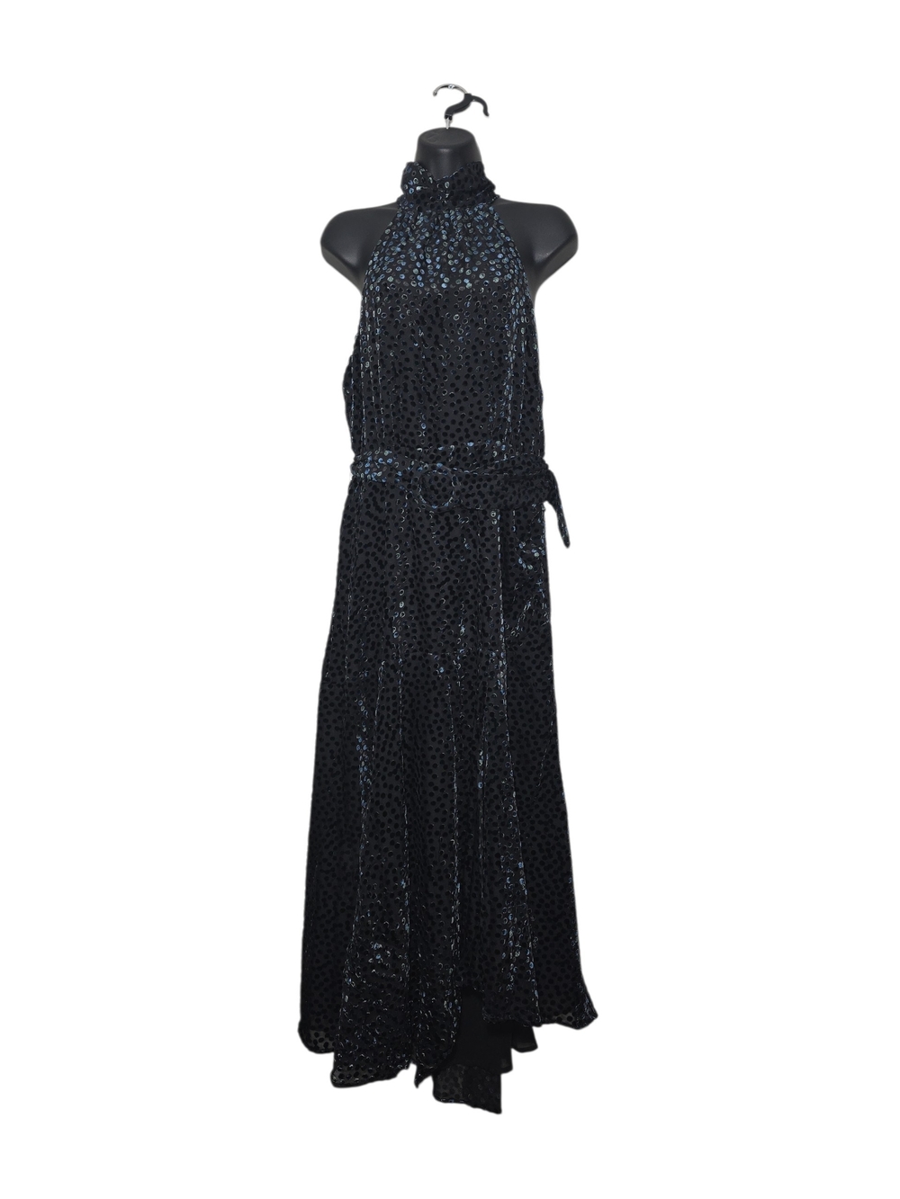 Mango MNG Velvet Polka Dot Halter Maxi Dress Black Teal Devore Belted Size 6 - Picture 4 of 10